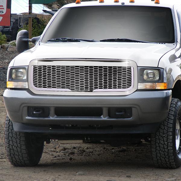 99-04 Ford F250 F350 Super Duty Front Grille+LED Bar - Honeycomb Mesh - Chrome