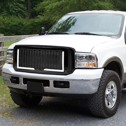 05-07 Ford F250 F350 F450 F550 Super Duty Front Grille+LED Bar - Honeycomb Mesh - Black