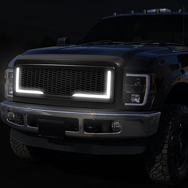 08-10 Ford F250 F350 F450 F550 Super Duty LED DRL Front Grille - Badgeless Honeycomb Mesh