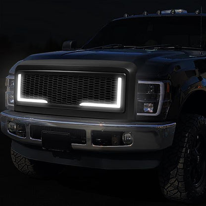 08-10 Ford F250 F350 F450 F550 Super Duty LED DRL Front Grille - Badgeless Honeycomb Mesh