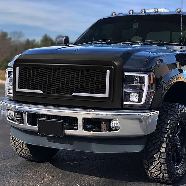 08-10 Ford F250 F350 F450 F550 Super Duty LED DRL Front Grille - Badgeless Honeycomb Mesh