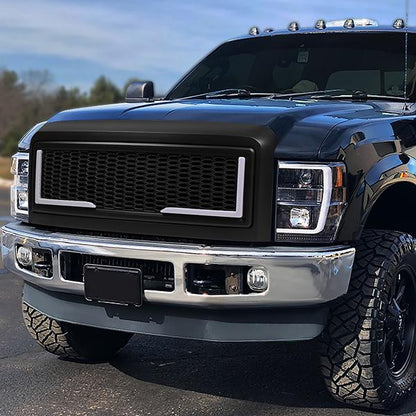 08-10 Ford F250 F350 F450 F550 Super Duty LED DRL Front Grille - Badgeless Honeycomb Mesh