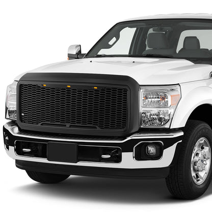 11-16 Ford F250 F350 F450 F550 Super Duty Front Grille+LED - Honeycomb Mesh - Matte Black