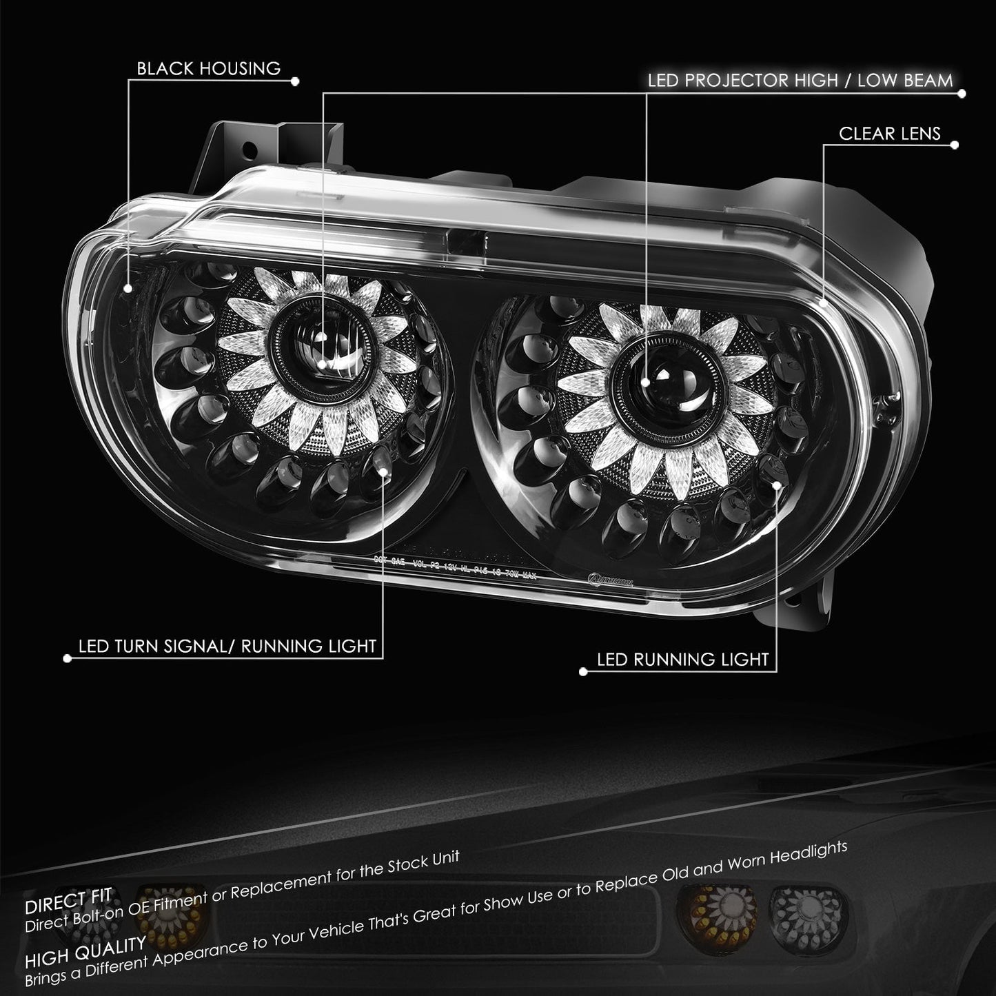 LED DRL Projector Headlights <br>08-14 Dodge Challenger