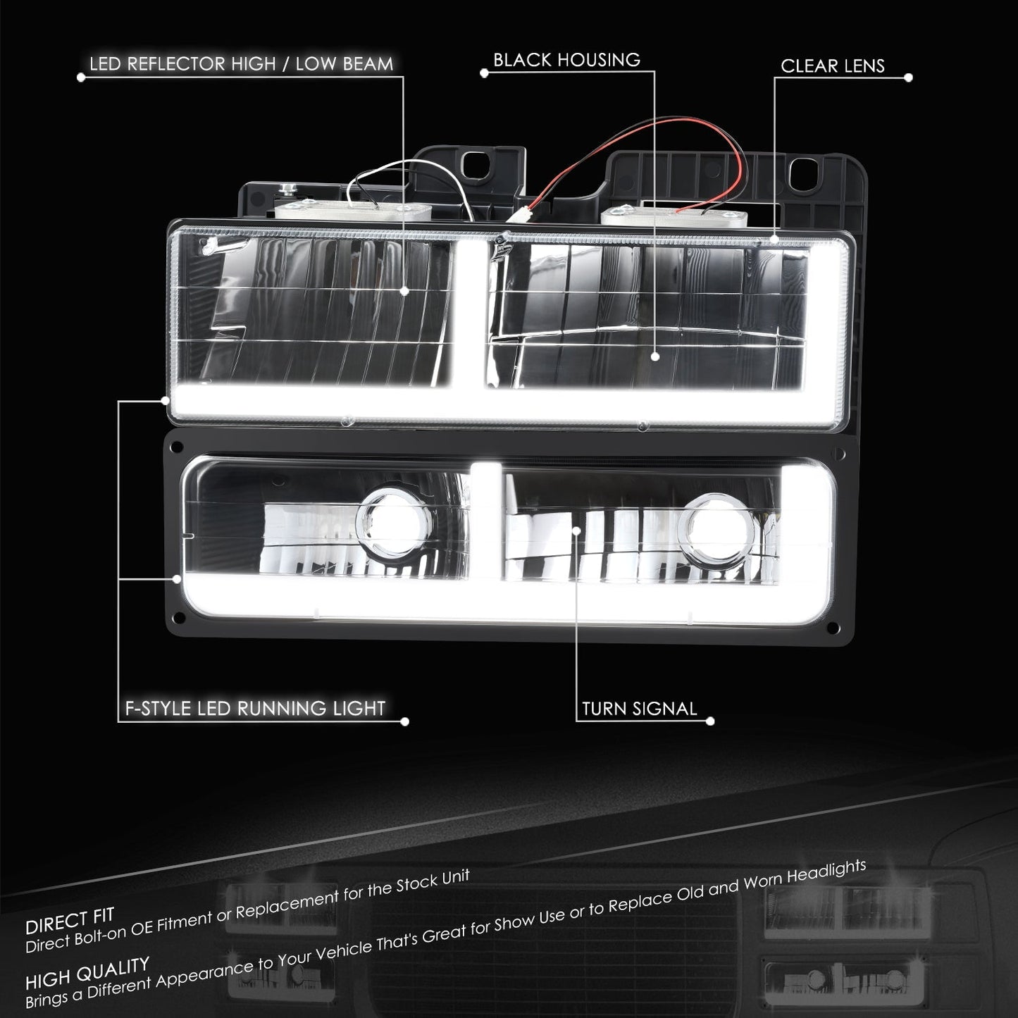 4pcs F-Style LED DRL Headlight Set (Black) <br>88-02 Chevy GMC C10 C/K Pickup, Suburban