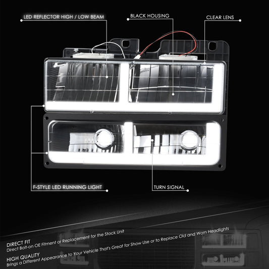 4pcs F-Style LED DRL Headlight Set (Black) <br>88-02 Chevy GMC C10 C/K Pickup, Suburban