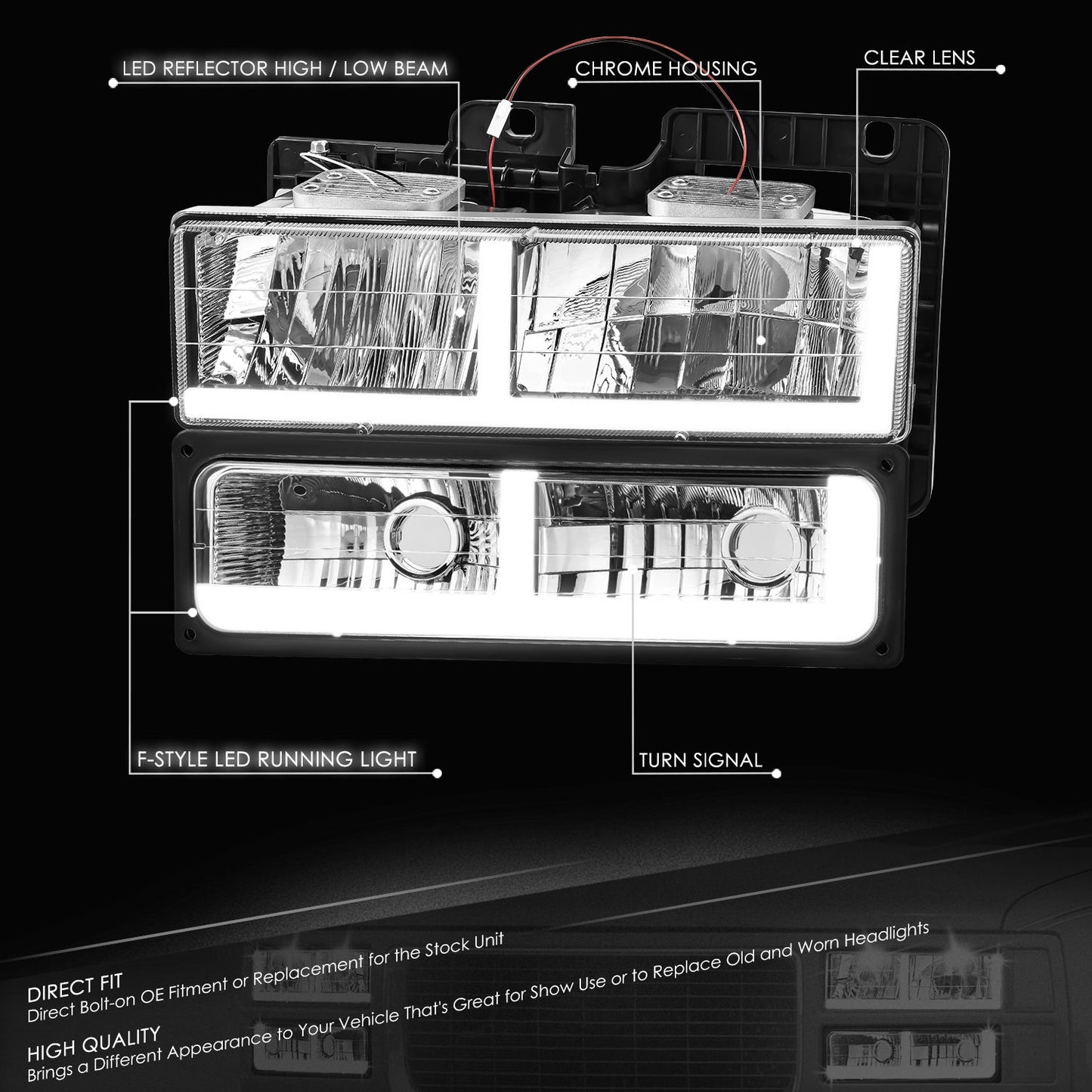 4pcs F-Style LED DRL Headlight Set (Chrome) <br>88-02 Chevy GMC C10 C/K Pickup, Suburban