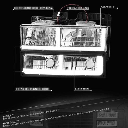 4pcs F-Style LED DRL Headlight Set (Chrome) <br>88-02 Chevy GMC C10 C/K Pickup, Suburban