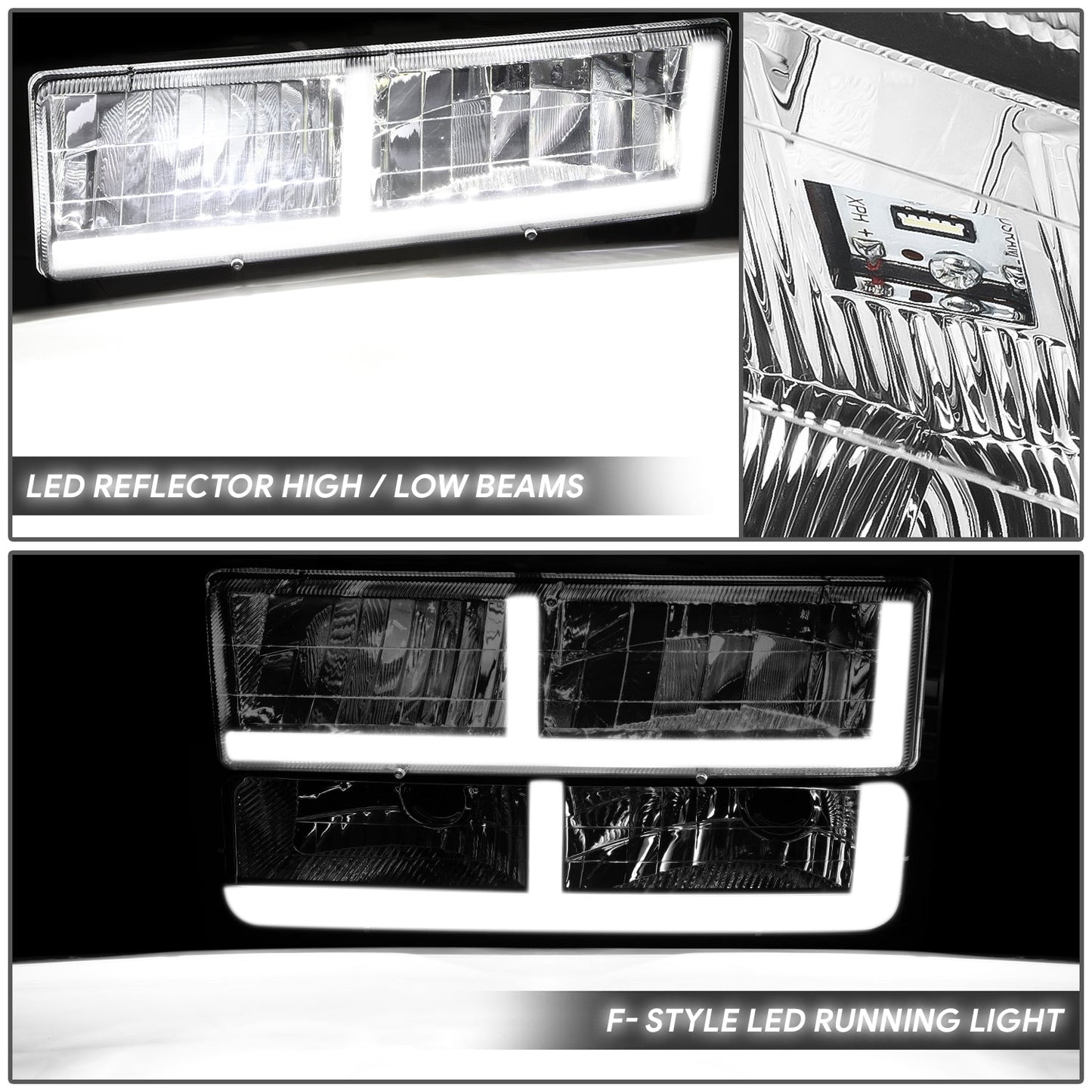 4pcs F-Style LED DRL Headlight Set (Chrome) <br>88-02 Chevy GMC C10 C/K Pickup, Suburban