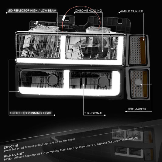 8pcs F-Style LED DRL Headlight Set (Somked) <br>88-93 Chevy C10 C/K Pickup, Suburban, Tahoe