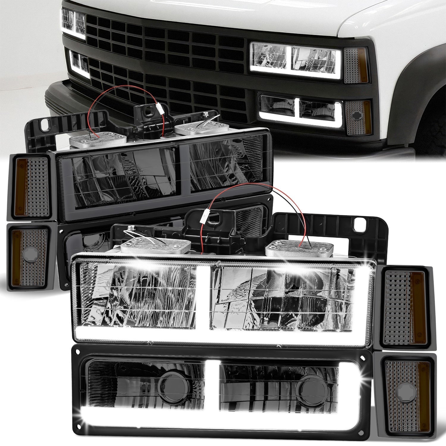 8pcs F-Style LED DRL Headlight Set (Somked) <br>88-93 Chevy C10 C/K Pickup, Suburban, Tahoe