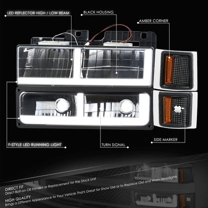 8pcs F-Style LED DRL Headlight Set (Black) <br>94-02 Chevy C10 C/K Pickup, Suburban, Tahoe