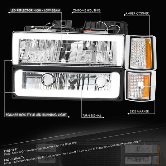 8pcs Square Box LED DRL Headlight Set (Chrome) <br>94-00 GMC C10 C/K Pickup, Suburban, Yukon
