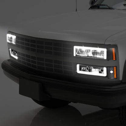 8pcs Square Box LED DRL Headlight Set (Black) <br>88-93 Chevy C10 C/K Pickup, Suburban, Tahoe