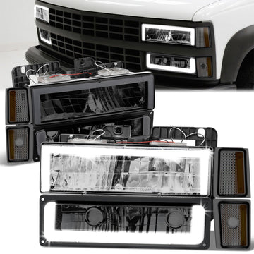 8pcs Square Box LED DRL Headlight Set (Smoked) <br>88-93 Chevy C10 C/K Pickup, Suburban, Tahoe