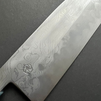 Santoku knife, Aogami 2 carbon steel with iron cladding, wave shaped Damascus finish, honwarikomi construction - Miyazaki