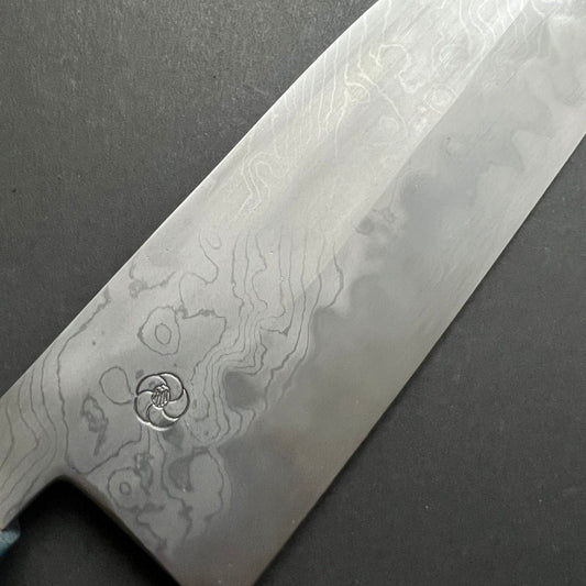 Santoku knife, Aogami 2 carbon steel with iron cladding, wave shaped Damascus finish, honwarikomi construction - Miyazaki