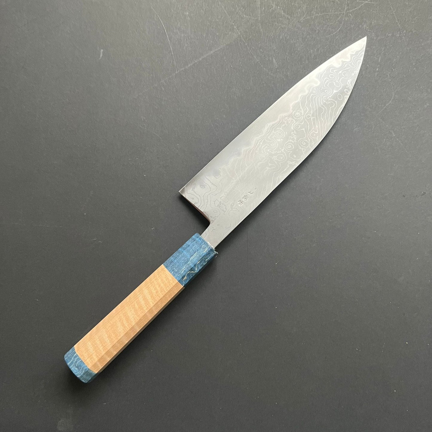 Santoku knife, Aogami 2 carbon steel with iron cladding, wave shaped Damascus finish, honwarikomi construction - Miyazaki
