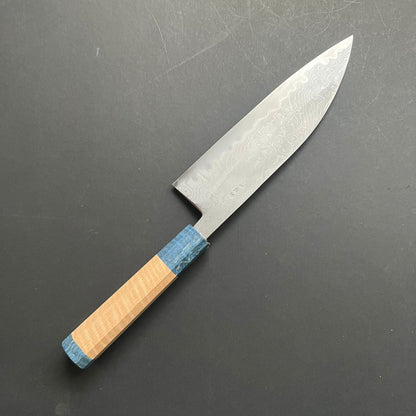 Santoku knife, Aogami 2 carbon steel with iron cladding, wave shaped Damascus finish, honwarikomi construction - Miyazaki