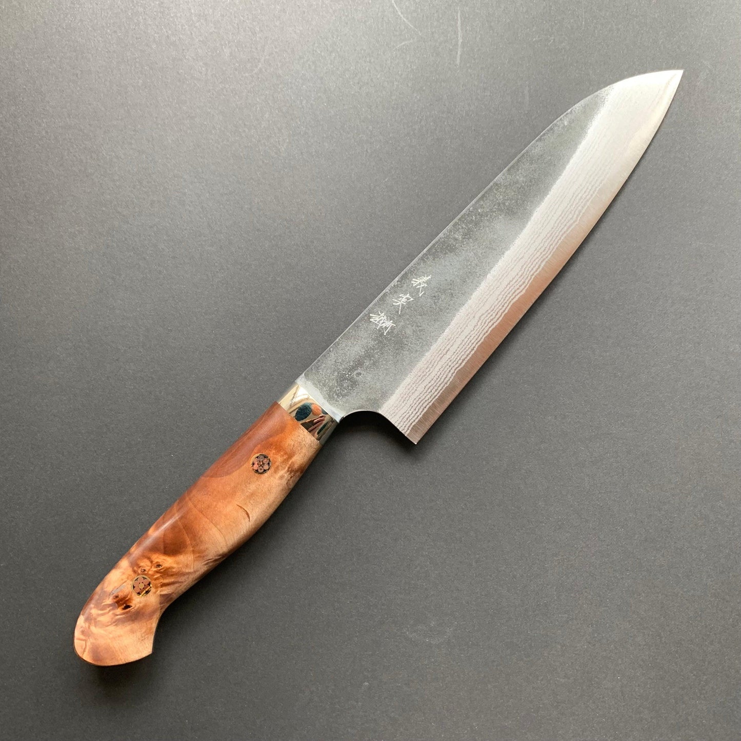 Santoku knife, Aogami Super with stainless steel cladding, Western style Maple wood handle, Kurouchi finish - Kato