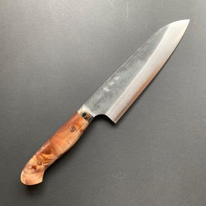 Santoku knife, Aogami Super with stainless steel cladding, Western style Maple wood handle, Kurouchi finish - Kato