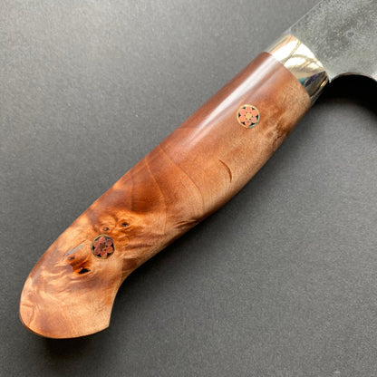 Santoku knife, Aogami Super with stainless steel cladding, Western style Maple wood handle, Kurouchi finish - Kato