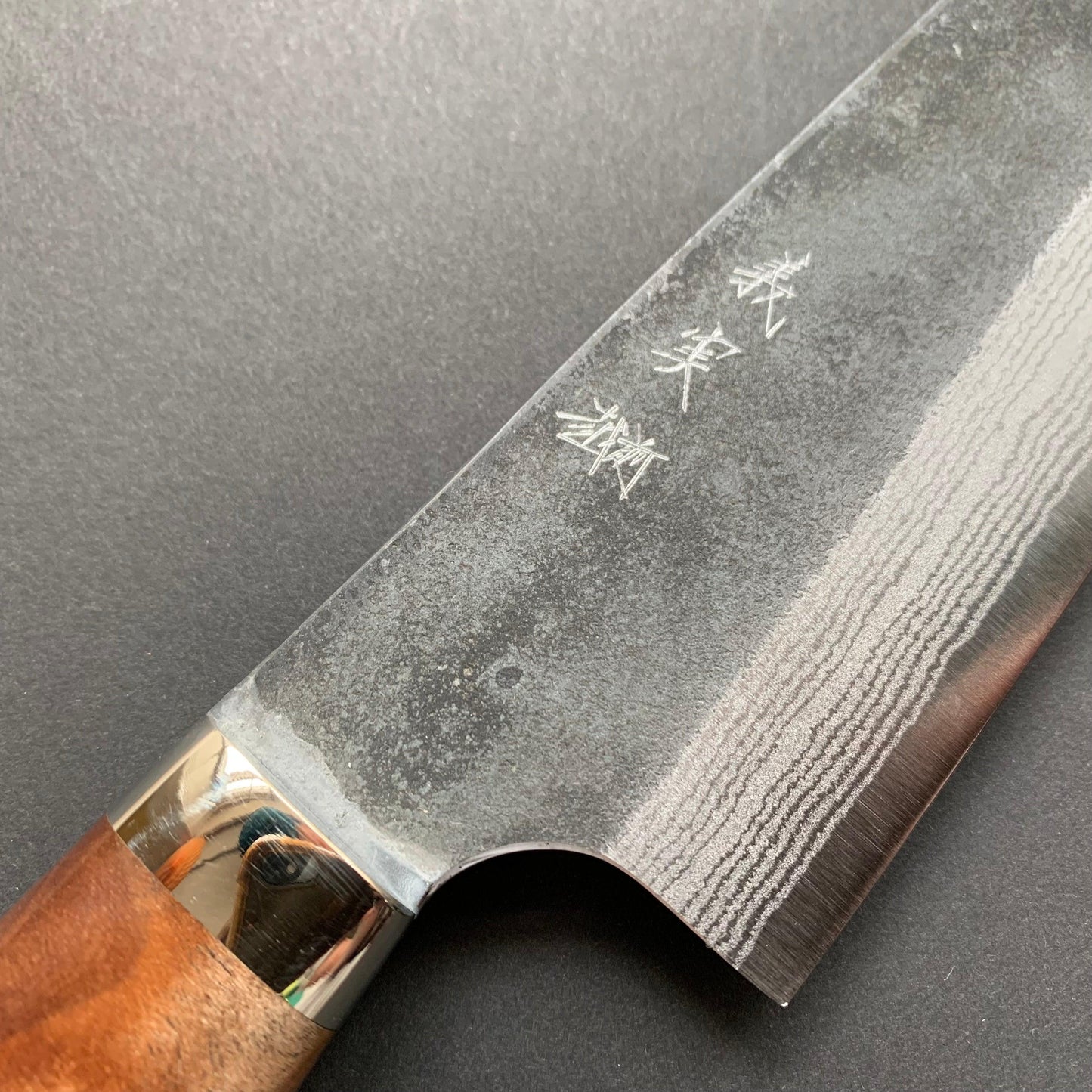 Santoku knife, Aogami Super with stainless steel cladding, Western style Maple wood handle, Kurouchi finish - Kato
