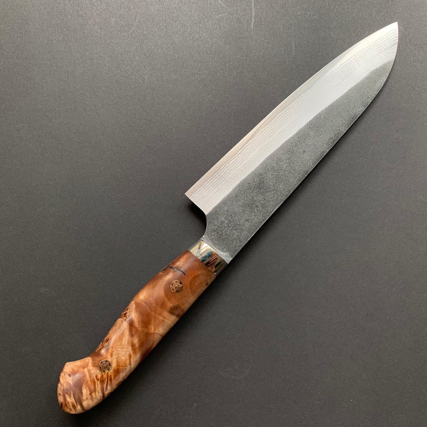 Santoku knife, Aogami Super with stainless steel cladding, Western style Maple wood handle, Kurouchi finish - Kato
