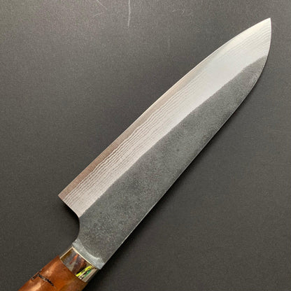 Santoku knife, Aogami Super with stainless steel cladding, Western style Maple wood handle, Kurouchi finish - Kato