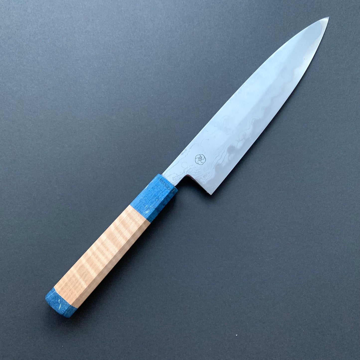 Sujihiki knife, Aogami 2 carbon steel with iron cladding, wave shaped Damascus finish, honwarikomi construction - Miyazaki