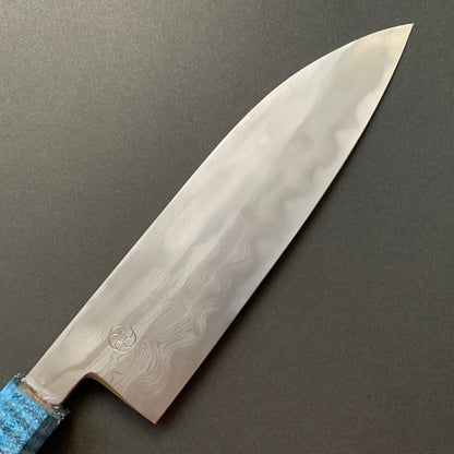 Sujihiki knife, Aogami 2 carbon steel with iron cladding, wave shaped Damascus finish, honwarikomi construction - Miyazaki