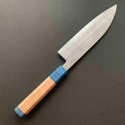 Sujihiki knife, Aogami 2 carbon steel with iron cladding, wave shaped Damascus finish, honwarikomi construction - Miyazaki