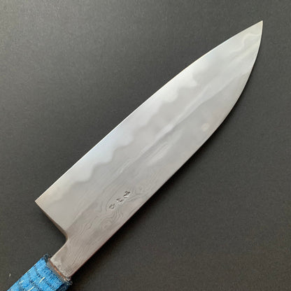 Sujihiki knife, Aogami 2 carbon steel with iron cladding, wave shaped Damascus finish, honwarikomi construction - Miyazaki