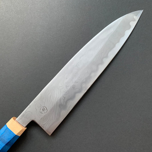 Sujihiki knife, Aogami 2 carbon steel with iron cladding, wave shaped Damascus finish, honwarikomi construction - Miyazaki