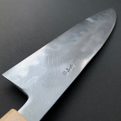 Sujihiki knife, Aogami 2 carbon steel with iron cladding, wave shaped Damascus finish, honwarikomi construction - Miyazaki