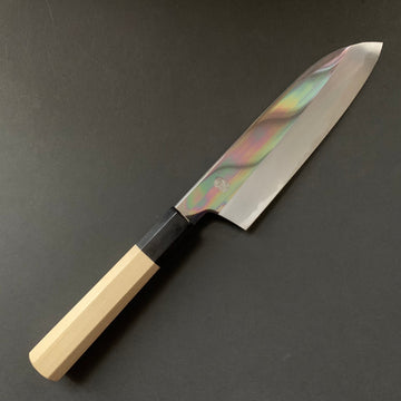 Santoku Knife, Shirogami 2 with iron cladding, mirror polished finish, Choyo range - Sakai Kikumori