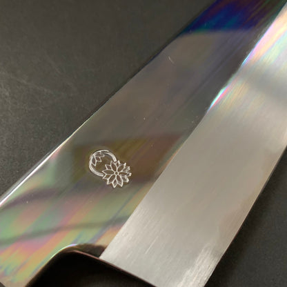 Santoku Knife, Shirogami 2 with iron cladding, mirror polished finish, Choyo range - Sakai Kikumori