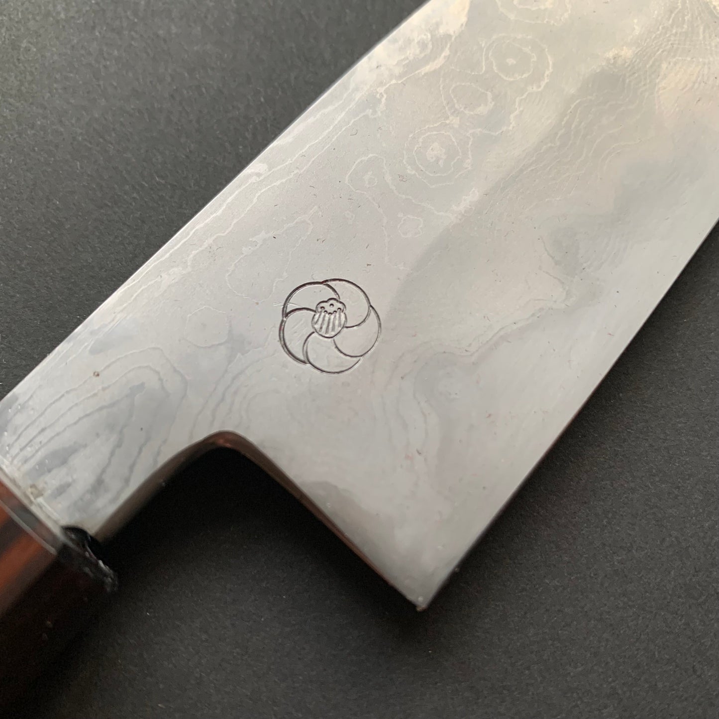 Petty knife, Aogami 2 carbon steel with iron cladding, wave shaped Damascus finish, honwarikomi construction - Miyazaki