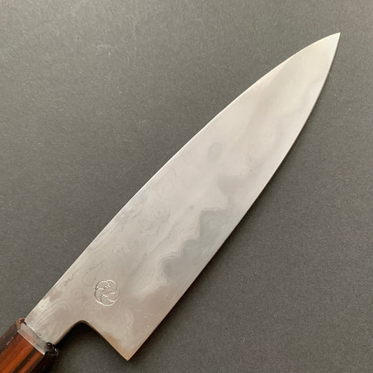 Petty knife, Aogami 2 carbon steel with iron cladding, wave shaped Damascus finish, honwarikomi construction - Miyazaki