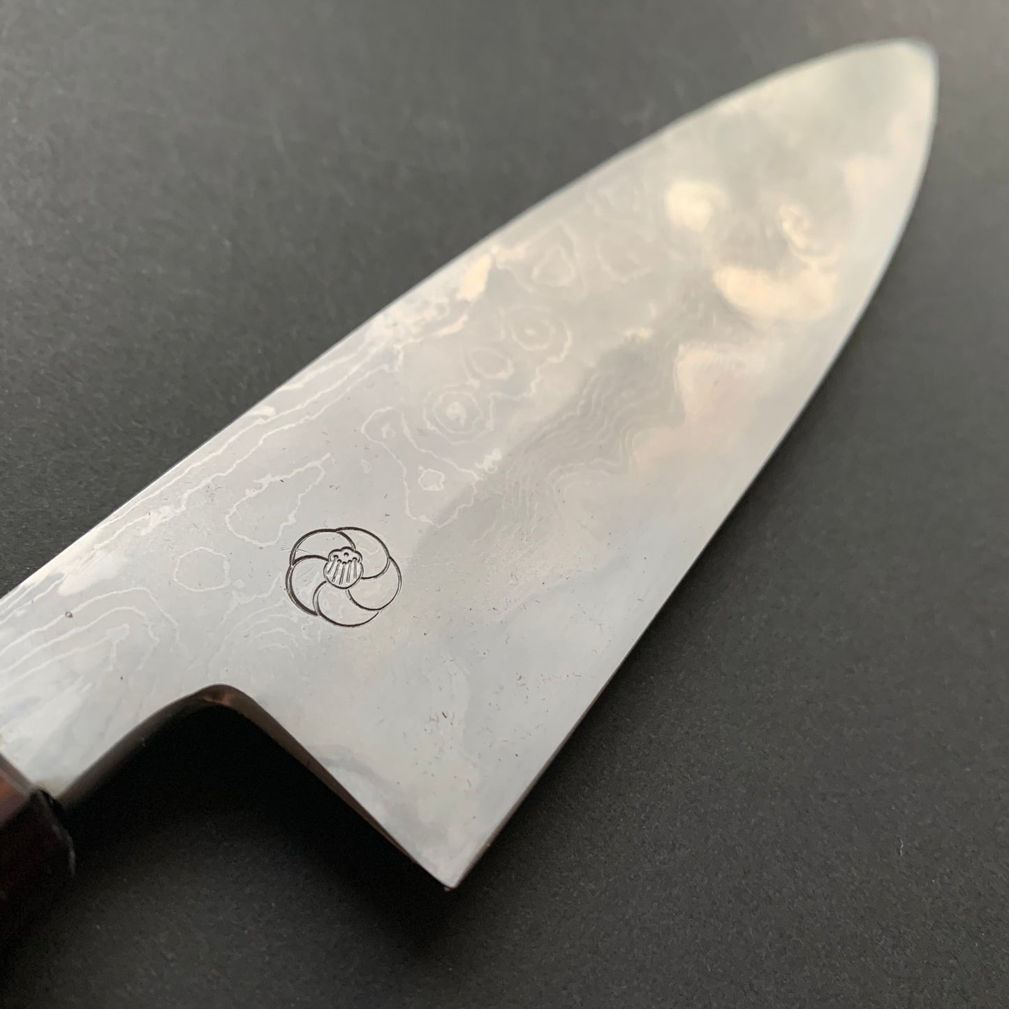 Petty knife, Aogami 2 carbon steel with iron cladding, wave shaped Damascus finish, honwarikomi construction - Miyazaki