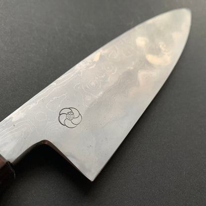 Petty knife, Aogami 2 carbon steel with iron cladding, wave shaped Damascus finish, honwarikomi construction - Miyazaki