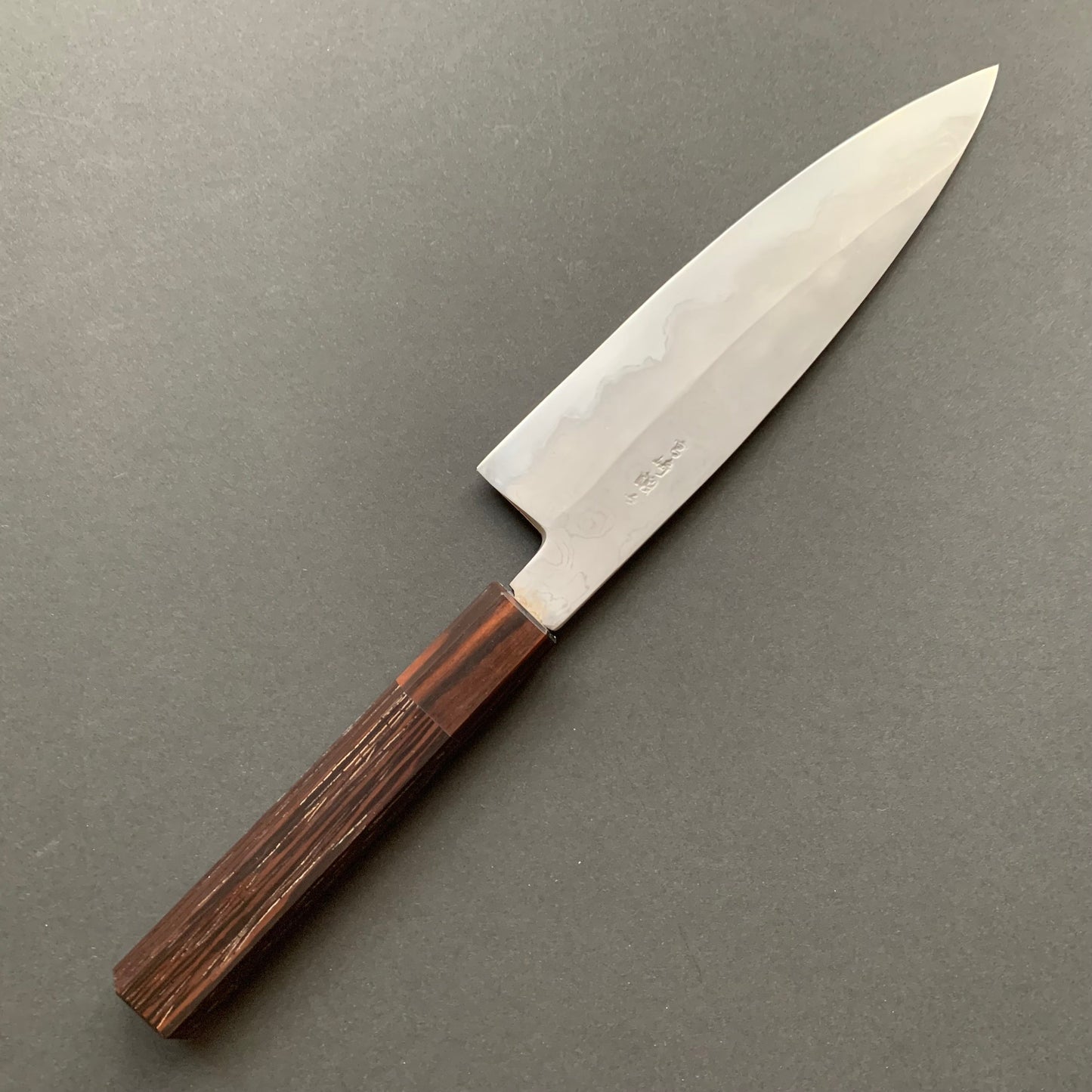 Petty knife, Aogami 2 carbon steel with iron cladding, wave shaped Damascus finish, honwarikomi construction - Miyazaki
