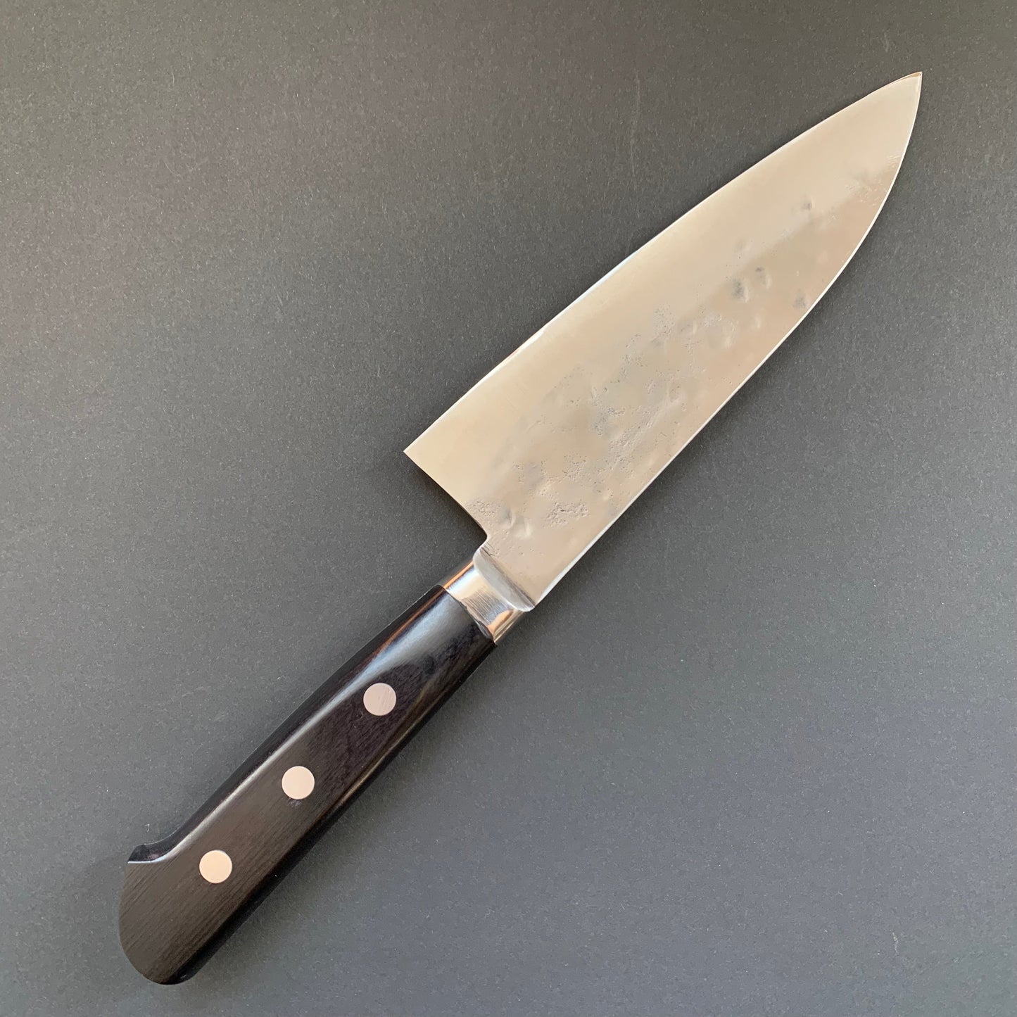 Gyuto knife, Shirogami 1 with stainless steel cladding, nashiji finish, Maboroshi range, western handle - Fujiwara