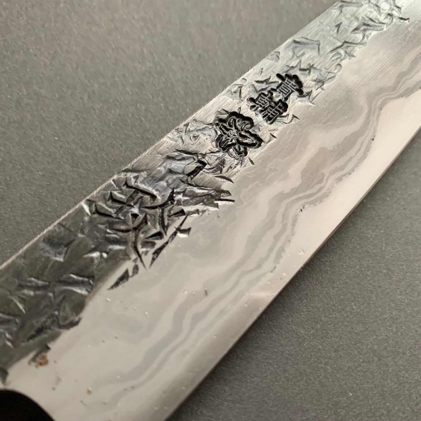 Petty knife, Aogami 2 with soft iron cladding, ENN Damascus and Kurouchi finish - Manaka Kisuke