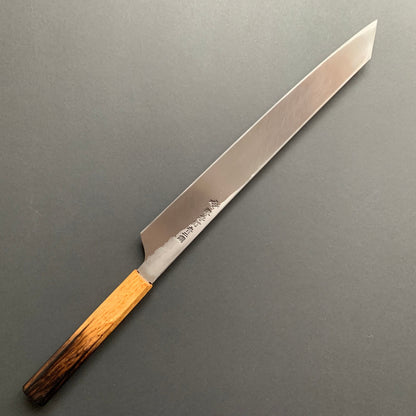 Kengata Yanagiba knife, Aogami 2 carbon steel with iron cladding, Kurouchi and Tsuchime finish, Homura series - Sakai Takayuki