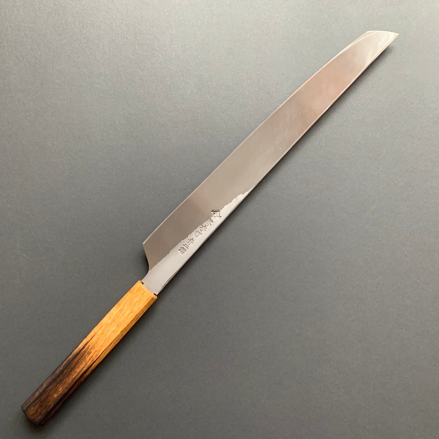Sakimaru Yanagiba knife, Aogami 2 carbon steel with iron cladding, Kurouchi and Tsuchime finish, Homura series - Sakai Takayuki