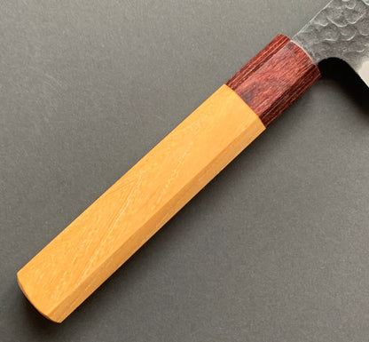 Gyuto knife, Aogami Super carbon steel with stainless steel cladding, Kurouchi Tsuchime finish, Wa handle - Sakai Takayuki