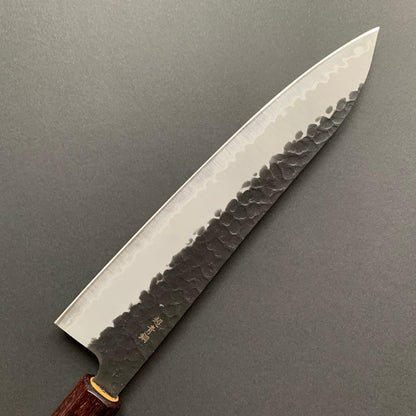 Gyuto knife, Aogami Super carbon steel with stainless steel cladding, Kurouchi Tsuchime finish, Wa handle - Sakai Takayuki