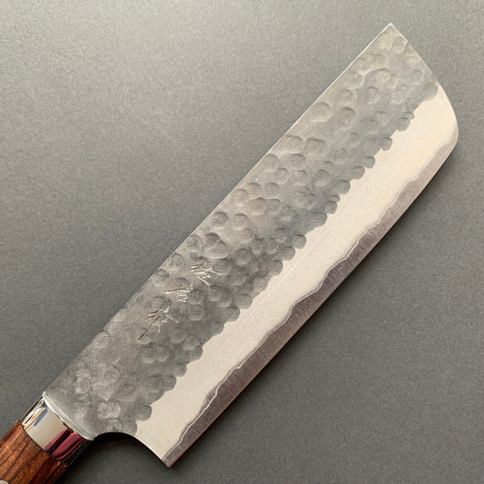 Nakiri knife, Aogami Super carbon steel, Kurouchi and Tsuchime finish - Saji