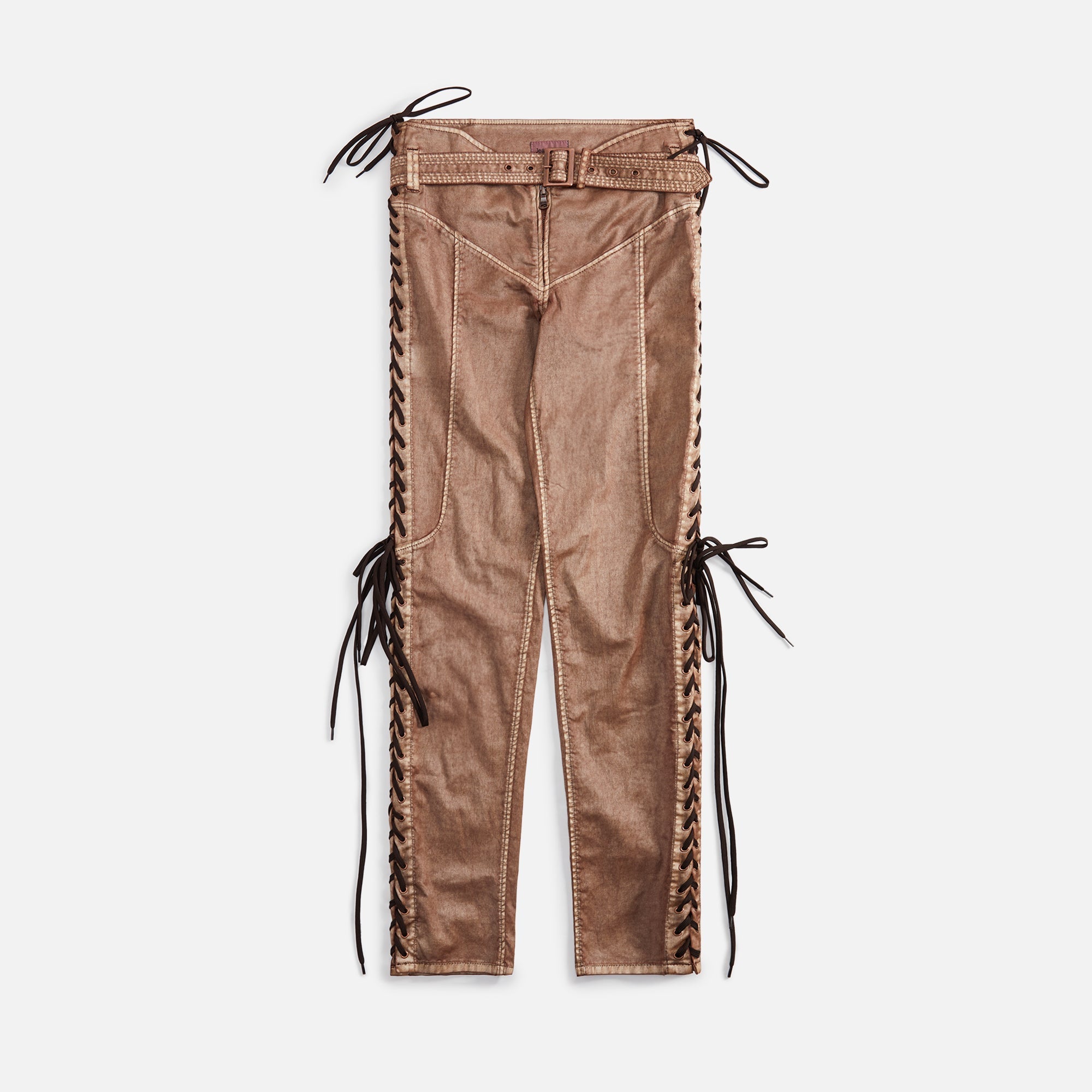 Jean Paul Gaultier x KNWLS Low Waist Laced Straight Trousers with Topstiched - Brown
